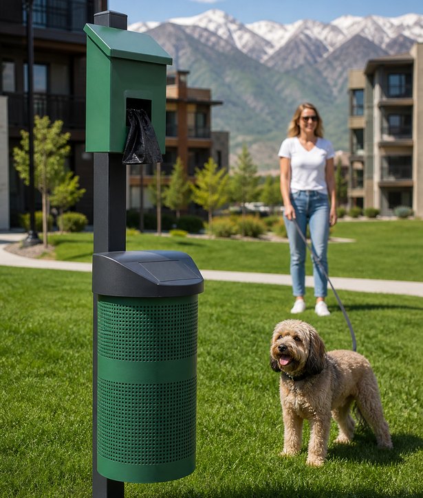 Pet waste station on a community lawn